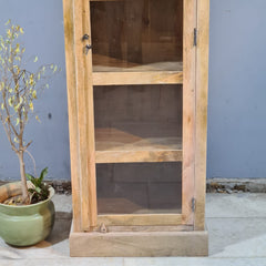 Vintage Wooden Display Cabinet with Glass Door – Handcrafted Rustic Tall Storage Unit with Carved Detailing