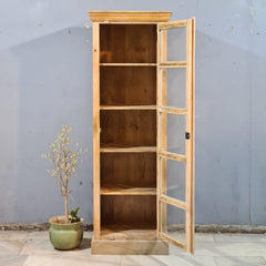 Vintage Wooden Display Cabinet with Glass Door – Handcrafted Rustic Tall Storage Unit with Carved Detailing