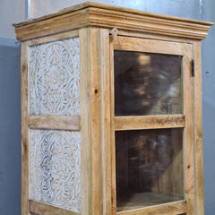 Vintage Wooden Display Cabinet with Glass Door – Handcrafted Rustic Tall Storage Unit with Carved Detailing