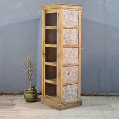 Vintage Wooden Display Cabinet with Glass Door – Handcrafted Rustic Tall Storage Unit with Carved Detailing