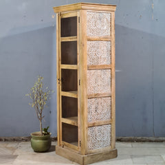 Vintage Wooden Display Cabinet with Glass Door – Handcrafted Rustic Tall Storage Unit with Carved Detailing