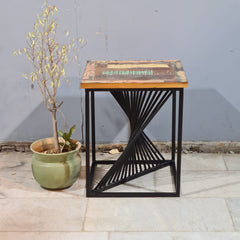 Industrial Reclaimed Wood & Metal Side Table – Rustic Handmade Accent Table with Geometric Iron Base | Modern Loft Furniture