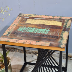 Industrial Reclaimed Wood & Metal Side Table – Rustic Handmade Accent Table with Geometric Iron Base | Modern Loft Furniture