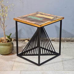 Industrial Reclaimed Wood & Metal Side Table – Rustic Handmade Accent Table with Geometric Iron Base | Modern Loft Furniture