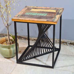 Industrial Reclaimed Wood & Metal Side Table – Rustic Handmade Accent Table with Geometric Iron Base | Modern Loft Furniture