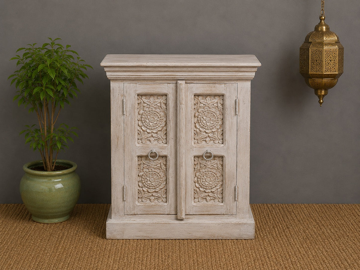 Handcrafted Whitewashed Carved Wooden Sideboard Cabinet – Solid Wood Storage Cabinet with Floral Carving | Rustic Boho Farmhouse Home Decor
