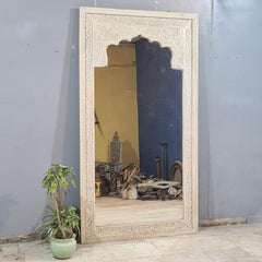 Vintage Hand Carved Full Length Mirror – Whitewashed Wooden Floor Mirror with Floral Arch Detailing