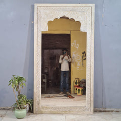 Vintage Hand Carved Full Length Mirror – Whitewashed Wooden Floor Mirror with Floral Arch Detailing