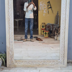 Vintage Hand Carved Full Length Mirror – Whitewashed Wooden Floor Mirror with Floral Arch Detailing