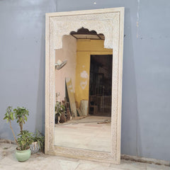 Vintage Hand Carved Full Length Mirror – Whitewashed Wooden Floor Mirror with Floral Arch Detailing