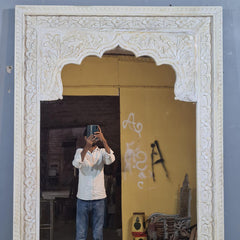 Vintage Hand Carved Full Length Mirror – Whitewashed Wooden Floor Mirror with Floral Arch Detailing