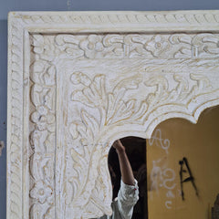 Vintage Hand Carved Full Length Mirror – Whitewashed Wooden Floor Mirror with Floral Arch Detailing