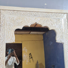 Vintage Hand Carved Full Length Mirror – Whitewashed Wooden Floor Mirror with Floral Arch Detailing