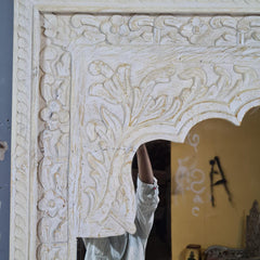 Vintage Hand Carved Full Length Mirror – Whitewashed Wooden Floor Mirror with Floral Arch Detailing