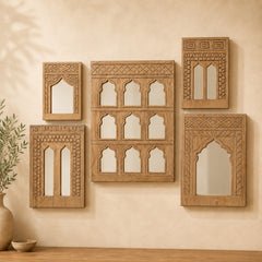 Handcrafted Wooden Wall Mirror Set – Rustic Moroccan Arch Mirror Frames | Boho Farmhouse Wall Decor (Set of 5)