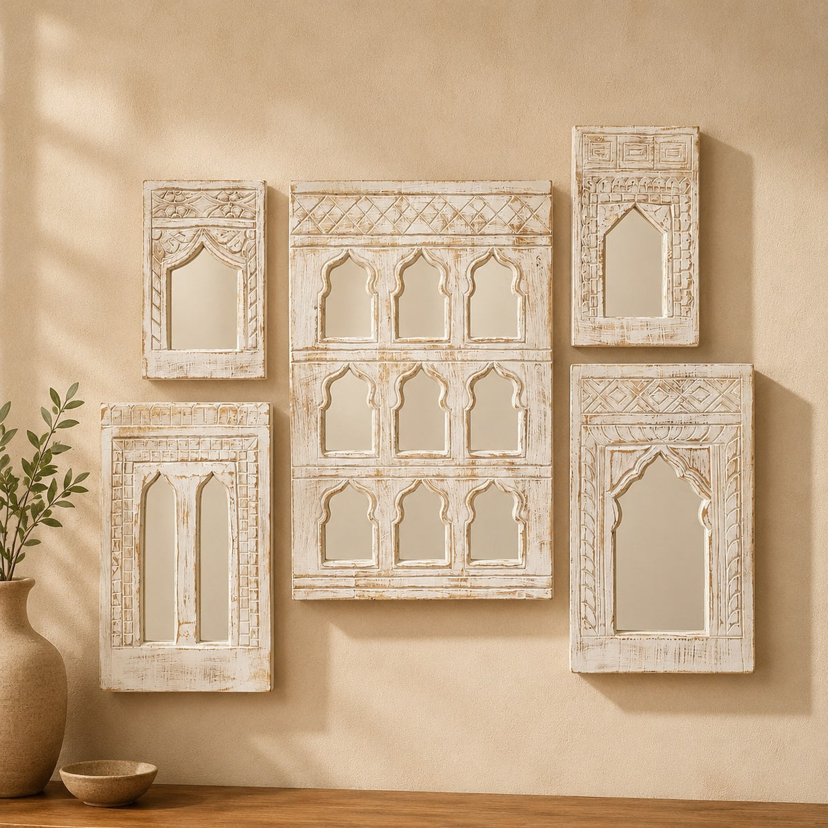 Handcrafted Wooden Wall Mirror Set – Rustic Moroccan Arch Mirror Frames | Boho Farmhouse Wall Decor (Set of 5)