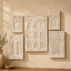Handcrafted Wooden Wall Mirror Set – Rustic Moroccan Arch Mirror Frames | Boho Farmhouse Wall Decor (Set of 5)