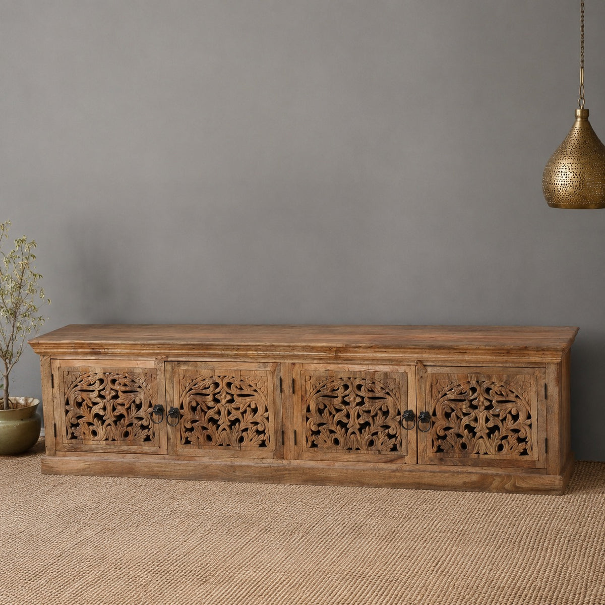 Hand Carved Wooden TV Unit Entertainment Console – Rustic Solid Wood Media Cabinet with 4 Doors | Living Room Storage Sideboard & TV Stand