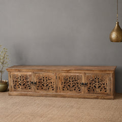 Hand Carved Wooden TV Unit Entertainment Console – Rustic Solid Wood Media Cabinet with 4 Doors | Living Room Storage Sideboard & TV Stand