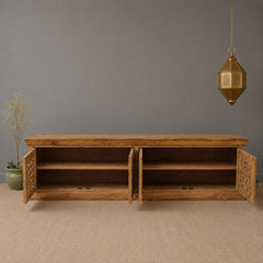 Hand Carved Wooden TV Unit Entertainment Console – Rustic Solid Wood Media Cabinet with 4 Doors | Living Room Storage Sideboard & TV Stand
