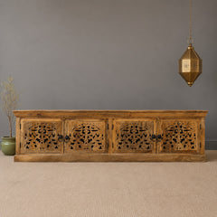 Hand Carved Wooden TV Unit Entertainment Console – Rustic Solid Wood Media Cabinet with 4 Doors | Living Room Storage Sideboard & TV Stand