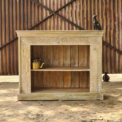 Handcrafted Whitewash Console Cabinet | Carved Wooden Bookshelf & Storage Unit | Rustic Farmhouse Display Cabinet for Living Room, Entryway & Dining Room