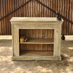 Handcrafted Whitewash Console Cabinet | Carved Wooden Bookshelf & Storage Unit | Rustic Farmhouse Display Cabinet for Living Room, Entryway & Dining Room