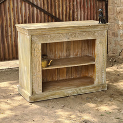 Handcrafted Whitewash Console Cabinet | Carved Wooden Bookshelf & Storage Unit | Rustic Farmhouse Display Cabinet for Living Room, Entryway & Dining Room