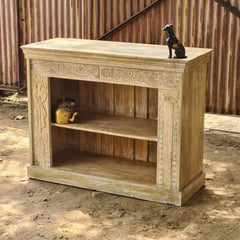 Handcrafted Whitewash Console Cabinet | Carved Wooden Bookshelf & Storage Unit | Rustic Farmhouse Display Cabinet for Living Room, Entryway & Dining Room