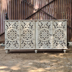 Hand Carved Whitewash Wooden Sideboard Cabinet – Floral Mandala Storage Console | Rustic Buffet Cabinet for Living Room, Dining Room & Entryway