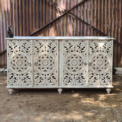 Hand Carved Whitewash Wooden Sideboard Cabinet – Floral Mandala Storage Console | Rustic Buffet Cabinet for Living Room, Dining Room & Entryway