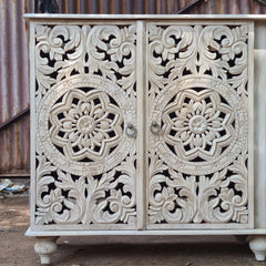 Hand Carved Whitewash Wooden Sideboard Cabinet – Floral Mandala Storage Console | Rustic Buffet Cabinet for Living Room, Dining Room & Entryway
