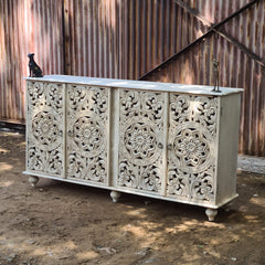 Hand Carved Whitewash Wooden Sideboard Cabinet – Floral Mandala Storage Console | Rustic Buffet Cabinet for Living Room, Dining Room & Entryway