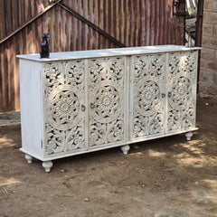 Hand Carved Whitewash Wooden Sideboard Cabinet – Floral Mandala Storage Console | Rustic Buffet Cabinet for Living Room, Dining Room & Entryway
