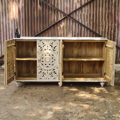 Hand Carved Whitewash Wooden Sideboard Cabinet – Floral Mandala Storage Console | Rustic Buffet Cabinet for Living Room, Dining Room & Entryway