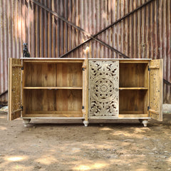 Hand Carved Whitewash Wooden Sideboard Cabinet – Floral Mandala Storage Console | Rustic Buffet Cabinet for Living Room, Dining Room & Entryway