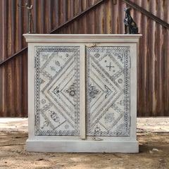 Handcrafted Whitewashed Wooden Cabinet | Vintage Painted Storage Cabinet with Traditional Folk Art Design | Rustic Accent Cabinet for Living Room, Bedroom & Entryway