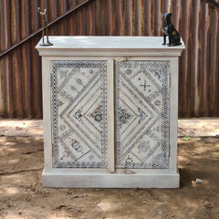 Handcrafted Whitewashed Wooden Cabinet | Vintage Painted Storage Cabinet with Traditional Folk Art Design | Rustic Accent Cabinet for Living Room, Bedroom & Entryway