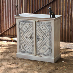 Handcrafted Whitewashed Wooden Cabinet | Vintage Painted Storage Cabinet with Traditional Folk Art Design | Rustic Accent Cabinet for Living Room, Bedroom & Entryway