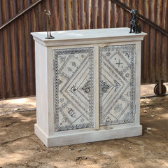 Handcrafted Whitewashed Wooden Cabinet | Vintage Painted Storage Cabinet with Traditional Folk Art Design | Rustic Accent Cabinet for Living Room, Bedroom & Entryway
