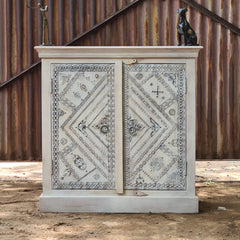 Handcrafted Whitewashed Wooden Cabinet | Vintage Painted Storage Cabinet with Traditional Folk Art Design | Rustic Accent Cabinet for Living Room, Bedroom & Entryway