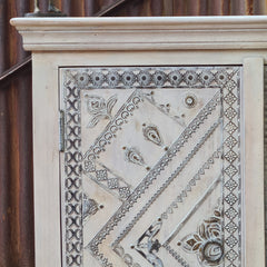 Handcrafted Whitewashed Wooden Cabinet | Vintage Painted Storage Cabinet with Traditional Folk Art Design | Rustic Accent Cabinet for Living Room, Bedroom & Entryway