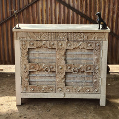 Handcrafted Heritage Wooden Storage Cabinet with Carved & Metal Detailed Doors