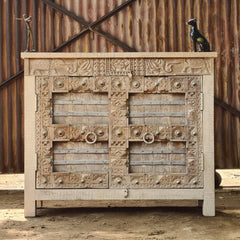Handcrafted Heritage Wooden Storage Cabinet with Carved & Metal Detailed Doors