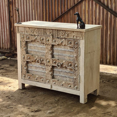 Handcrafted Heritage Wooden Storage Cabinet with Carved & Metal Detailed Doors