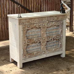 Handcrafted Heritage Wooden Storage Cabinet with Carved & Metal Detailed Doors