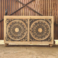 Handcrafted Solid Wood Sideboard Cabinet with Mandala Carved Doors | Rustic Storage Cabinet for Living Room, Dining Room & Entryway