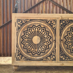 Handcrafted Solid Wood Sideboard Cabinet with Mandala Carved Doors | Rustic Storage Cabinet for Living Room, Dining Room & Entryway