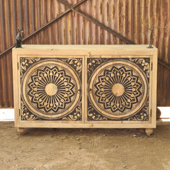 Handcrafted Solid Wood Sideboard Cabinet with Mandala Carved Doors | Rustic Storage Cabinet for Living Room, Dining Room & Entryway
