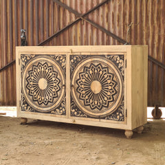 Handcrafted Solid Wood Sideboard Cabinet with Mandala Carved Doors | Rustic Storage Cabinet for Living Room, Dining Room & Entryway